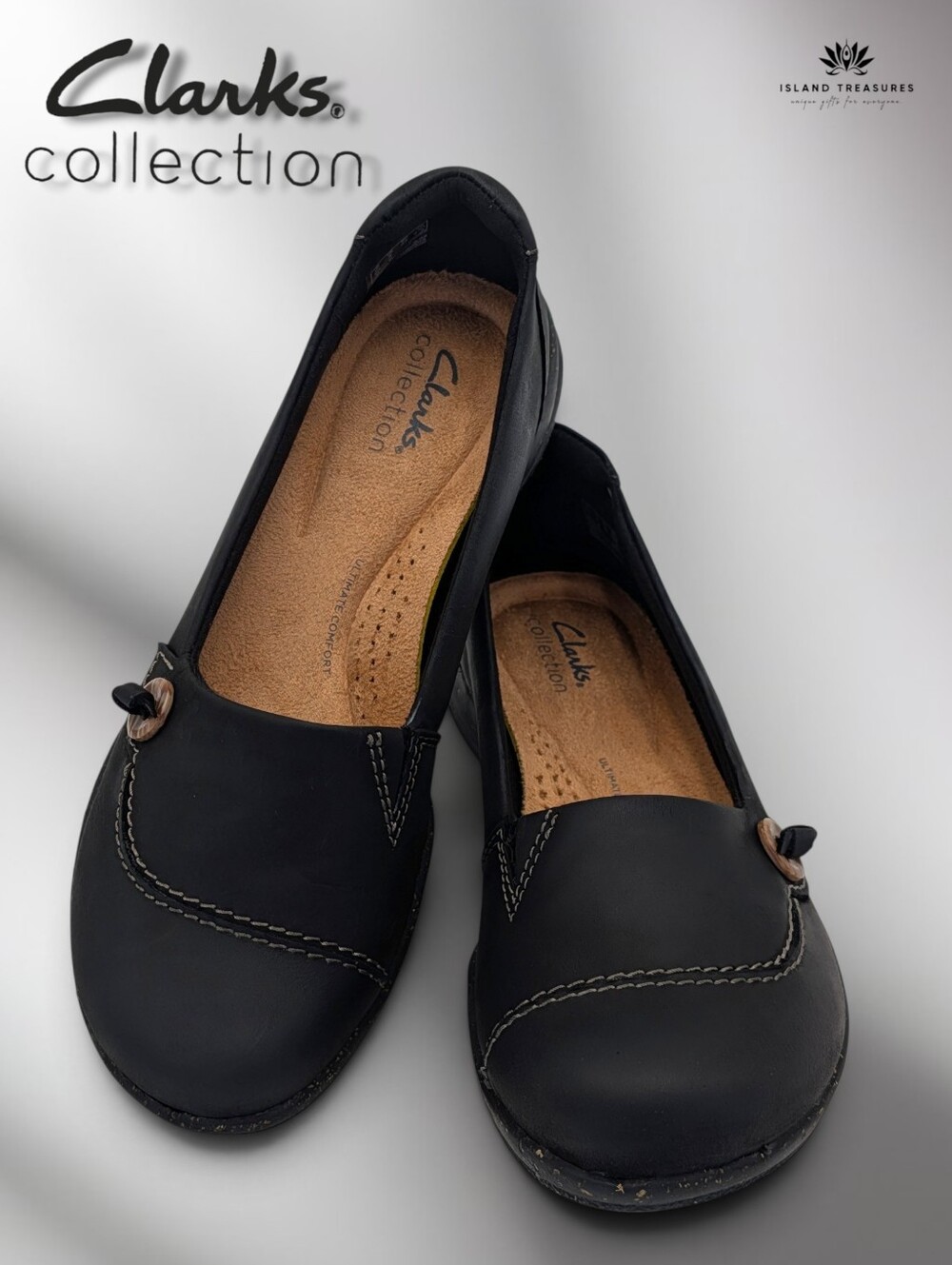 Clarks Collection Roseville Sky Womens Sz 8M Black Leather Slip-On Loafer